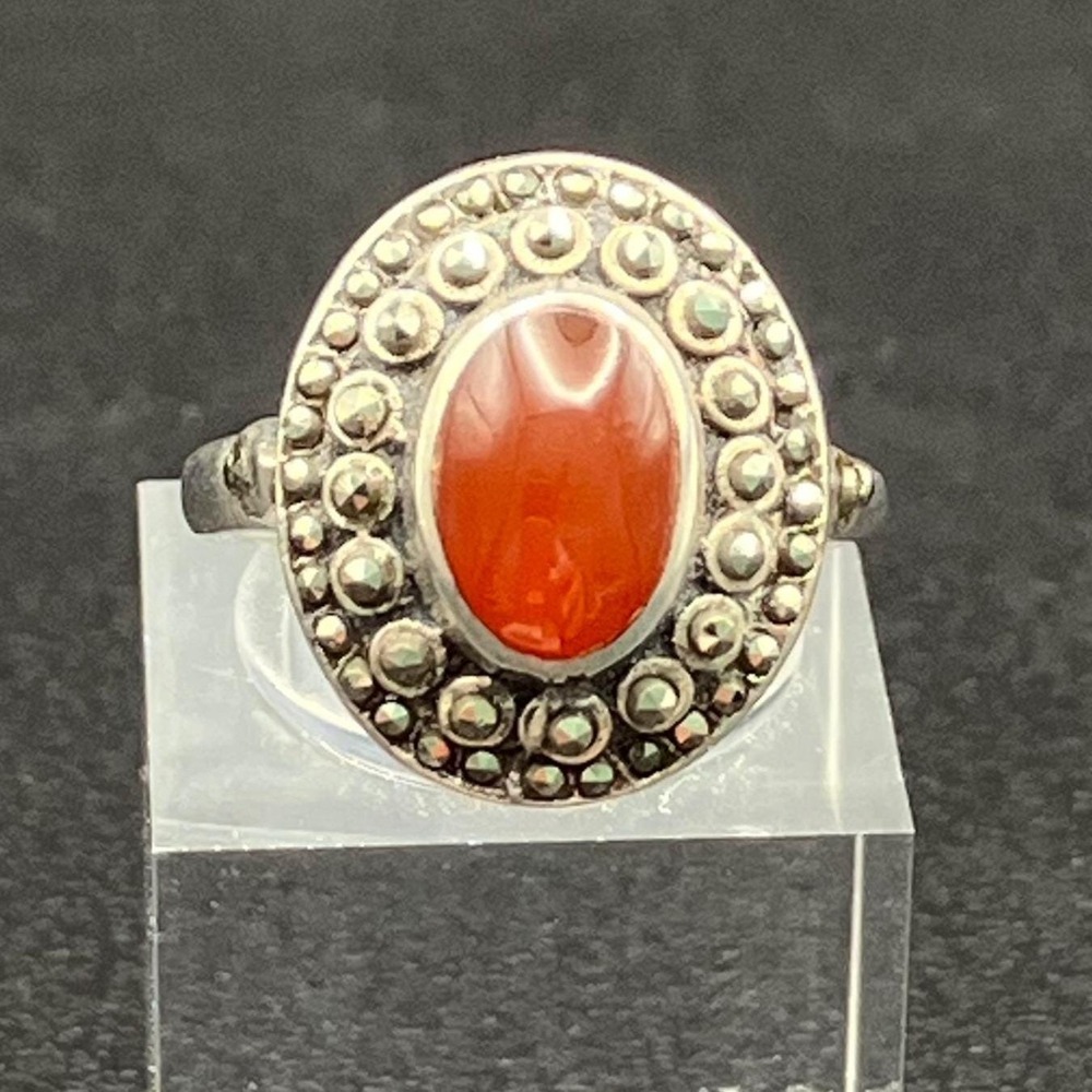 Sterling Silver Carnelian & Marcasite Ring‎ Size 5.25 Vintage